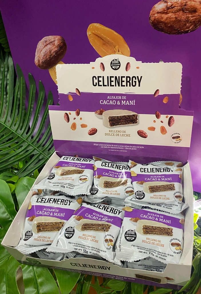 Celienergy - Alfajor de Cacao y Mani relleno con dulce de Leche (caja 12 unidades )