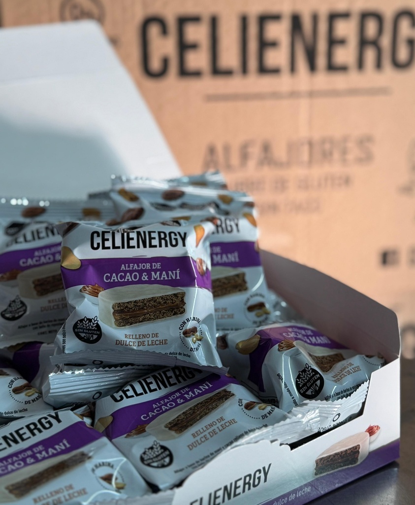 Celienergy - Alfajor de Cacao y Mani relleno con dulce de Leche (caja 12 unidades )