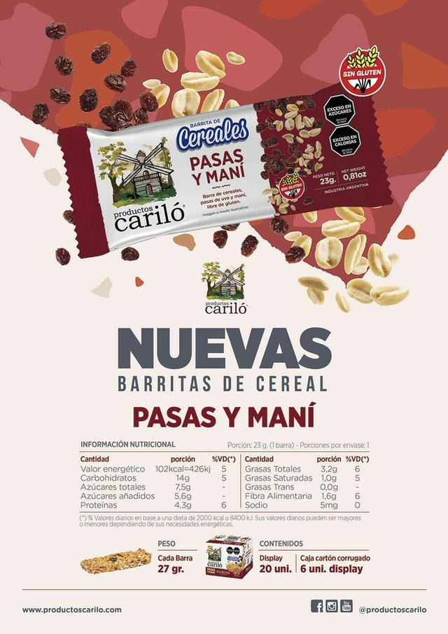 Carilo - Barritas de cereal de pasas y maní (20 unidades)