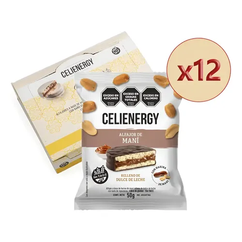 Celienergy - Alfajor a base de harina de maní relleno con dulce de leche con baño de chocolate negro (display x 12 unidades)