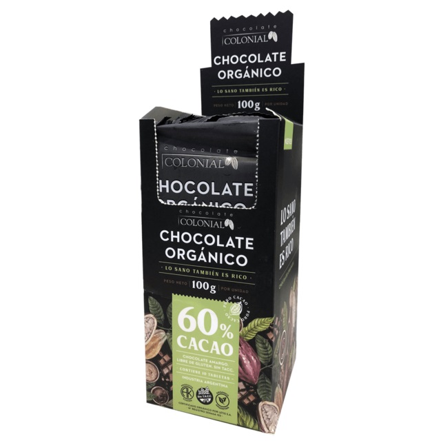 Colonial - Chocolate Negro Organico 60% Cacao Barra 100 gr (10 unidades)