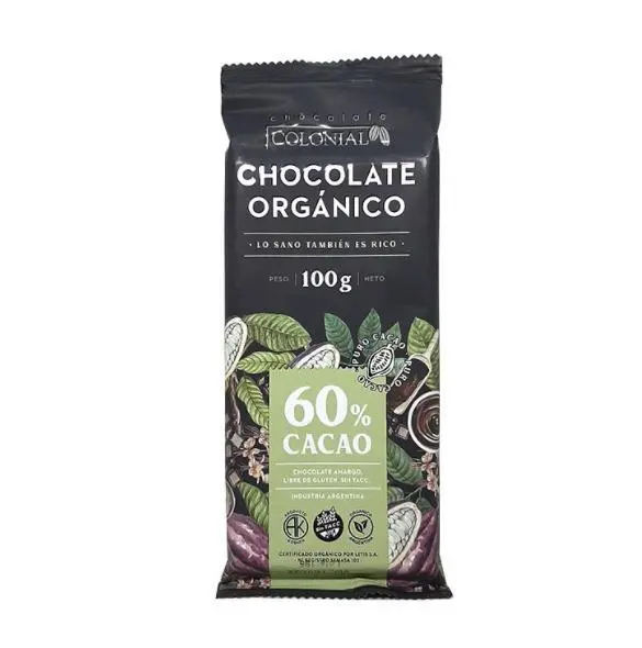 Colonial - Chocolate Negro Organico 60% Cacao Barra 100 gr (10 unidades)
