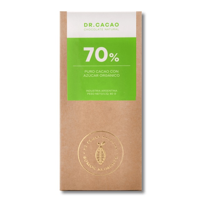 Dr Cacao - Chocolate macizo 70% con azúcar orgánico (50gr) Pack 10 unidades