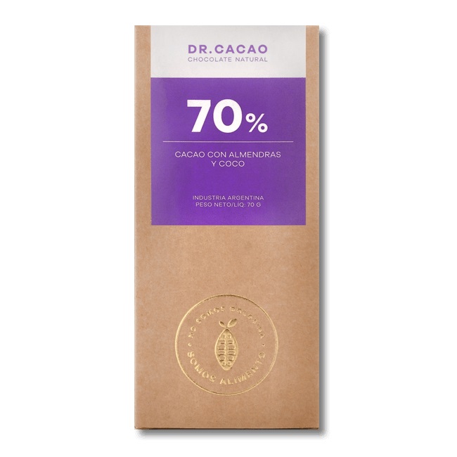 Dr Cacao - Chocolate relleno 70% con almendras y coco (50gr)