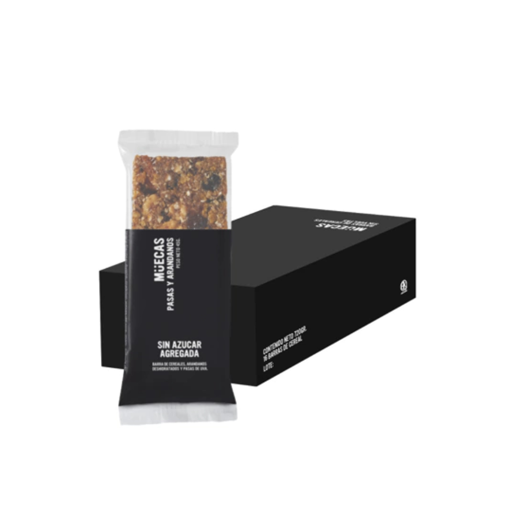 Muecas - Barritas de cereal sabor pasas y arándanos (display 16 unidades de 45gr)