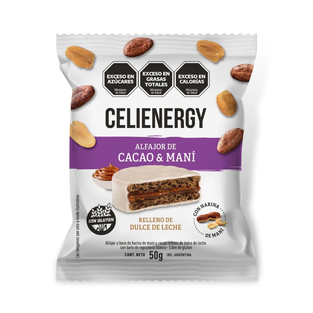 Celienergy - Alfajor de Cacao y Mani relleno con dulce de Leche (caja 12 unidades)