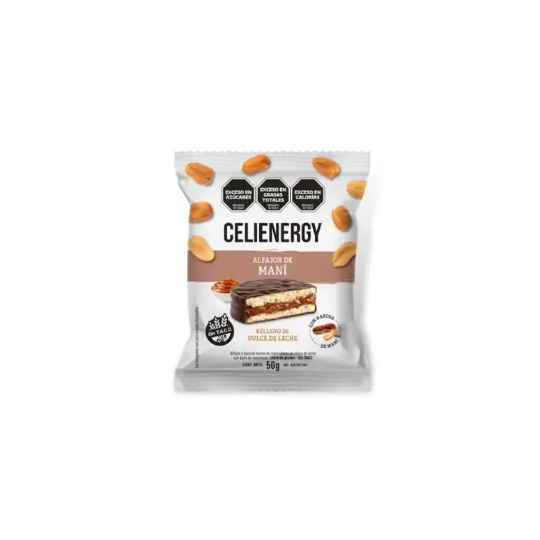 Celienergy - Alfajor de Cacao y Mani relleno con dulce de Leche (caja 12 unidades)
