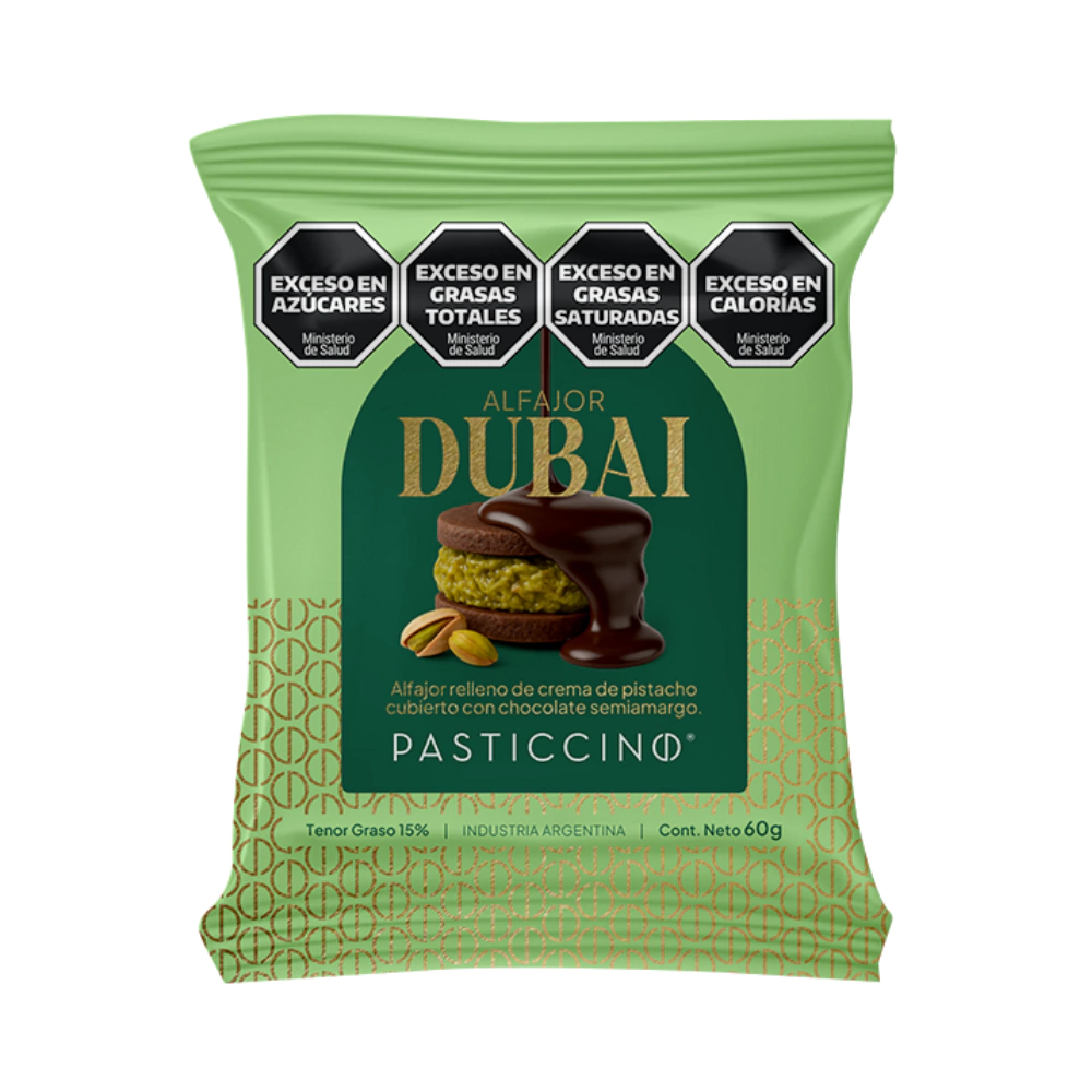 Pasticcino Alfajor Dubai crema de pistacho y chocolate amargo (display 12 unidades)