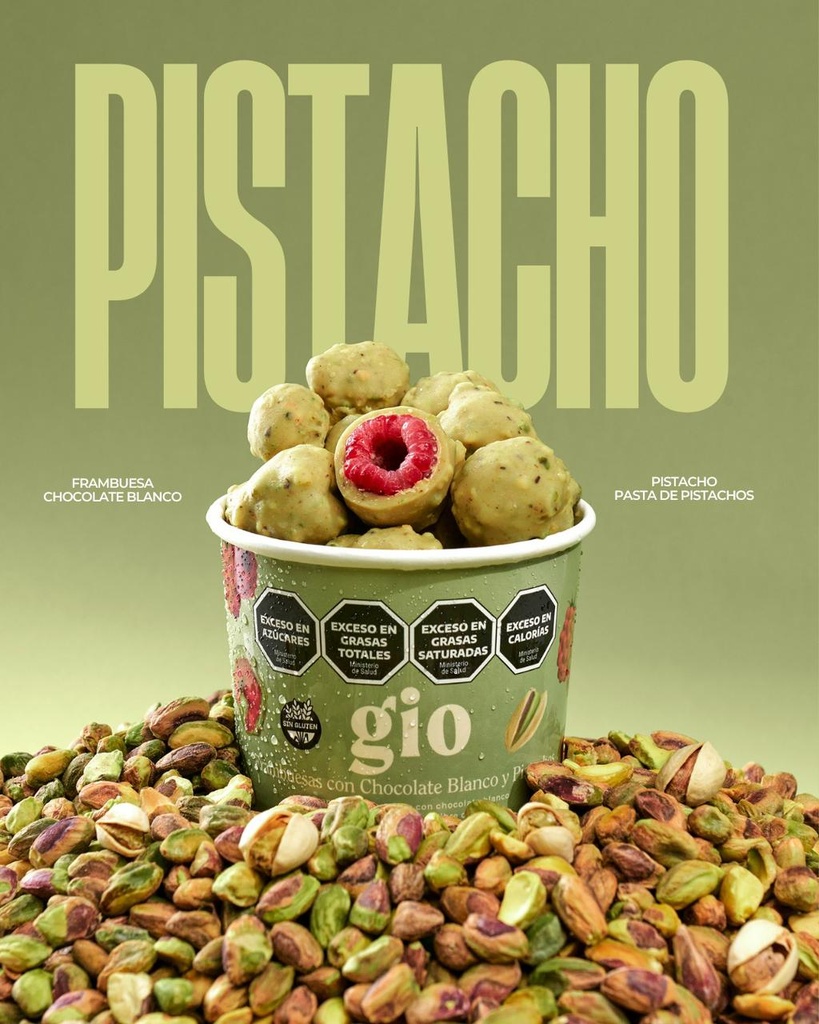 Gio - Frambuesa bañada en Chocolate Blanco y Pistacho (pote 160gr) 