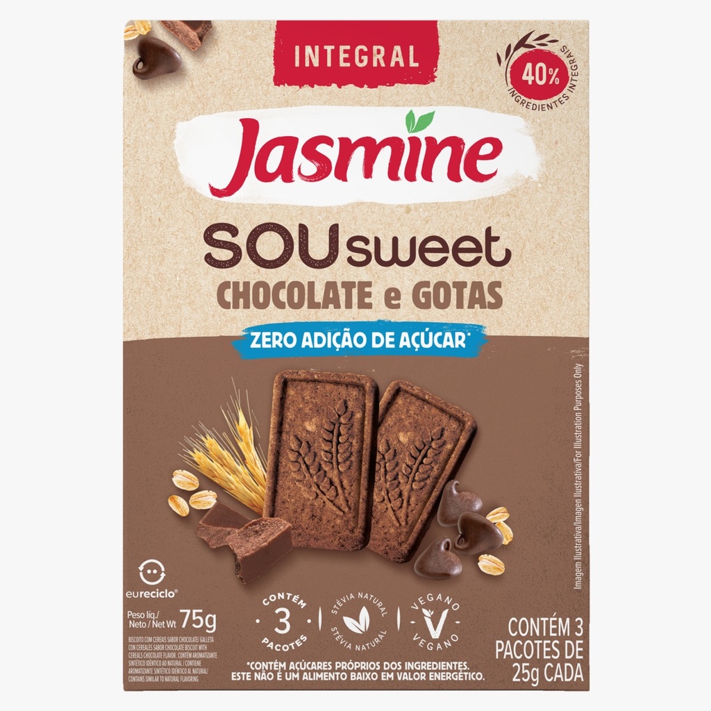 Jasmine Galletitas Sou Sweet zero azúcar de chocolate con gotas x 75 gr 