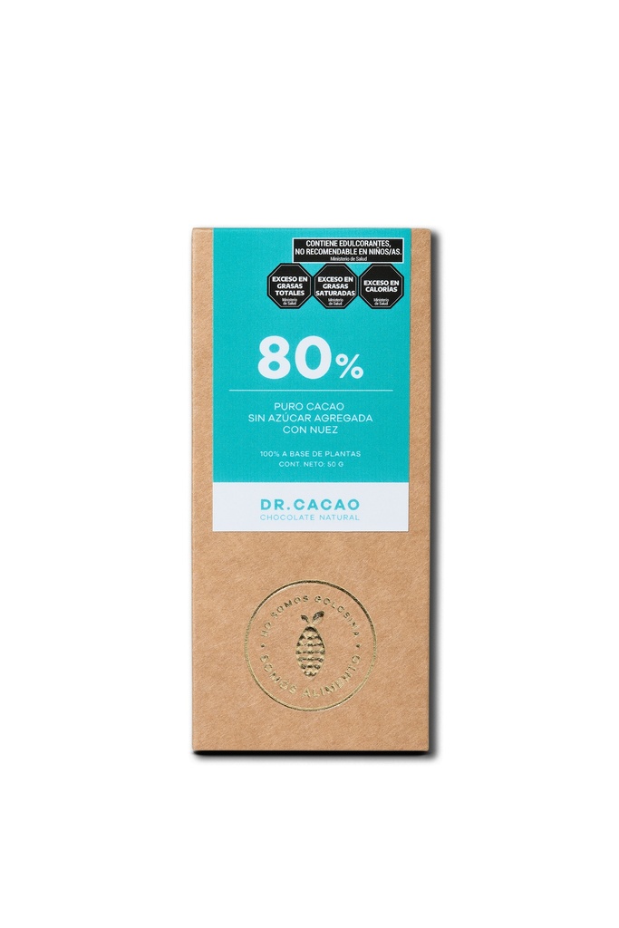Dr Cacao - Chocolate macizo 80% sin azúcar agregada con Nuez (50gr)