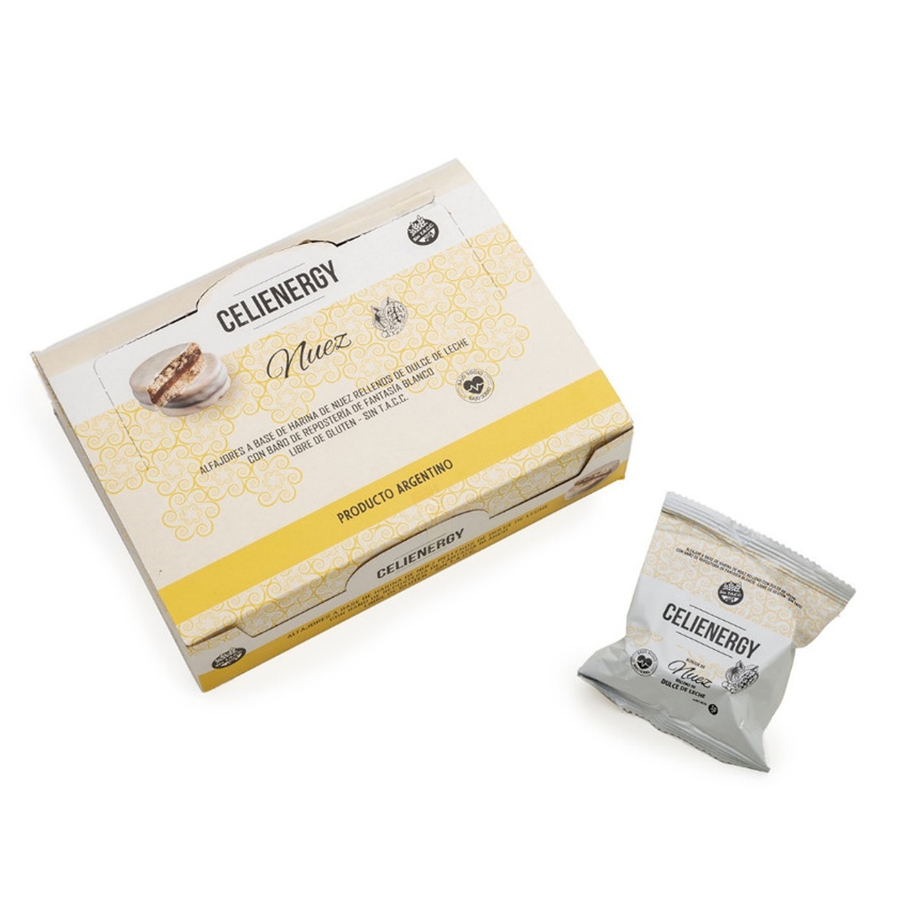 Celienergy - Alfajor a base de harina de nuez rellenos con dulce de leche y baño de chocolate blanco (caja 12 unidades )