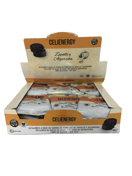 Celienergy - Alfajor a base de harina de zapallo y algarroba rellenos de dulce de leche y baño de chocolate negro (caja 12 unidades)