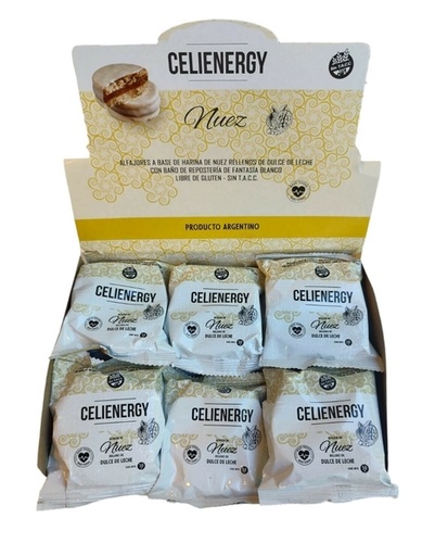 [CELIE006] Celienergy - Alfajor a base de harina de maní relleno con dulce de leche con baño de chocolate blanco (display x 12 unidades)
