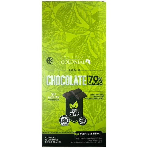 [COLON017] Colonial - Chocolate negro en barra al 70% con stevia 100gr (10 unidades)