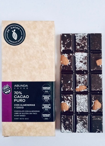 [DRCAC003] Dr Cacao - Abunda Chocolate relleno 70% con almendras y coco (50gr)