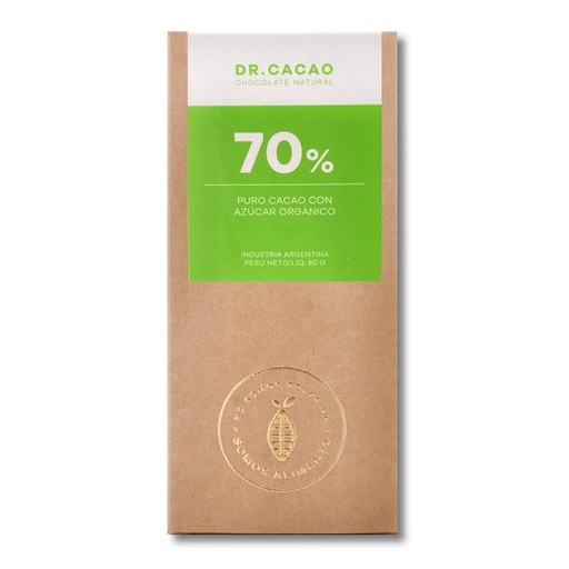 [DRCAC011] Dr Cacao - Chocolate macizo 70% con azúcar orgánico (50gr) Pack 10 unidades