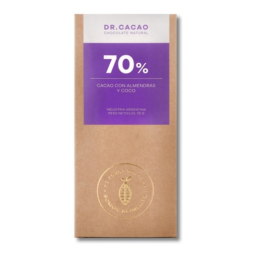 [DRCAC015] Dr Cacao - Chocolate relleno 70% con almendras y coco (50gr) Pack 10 unidades