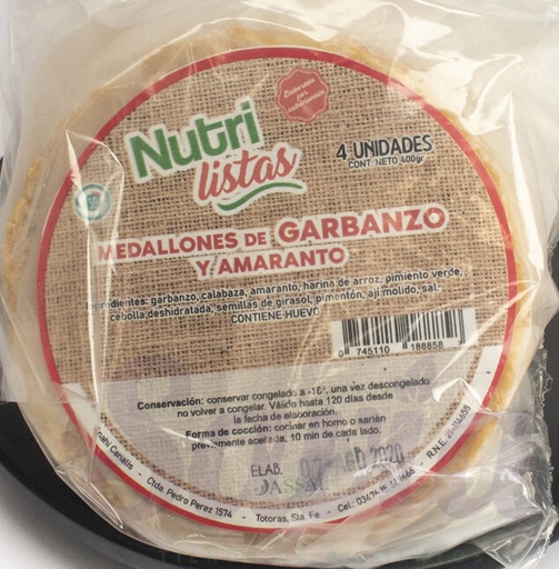 [NSTAS002] Nutrilistas - Medallones Veganos de Garbanzos (Pack 4 unidades - 400gr)