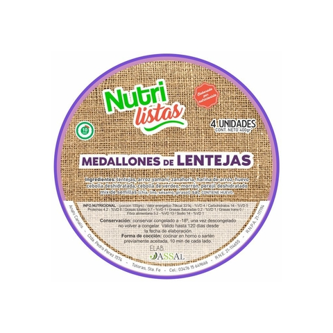 [NSTAS003] Nutrilistas - Medallones Veganos de Lentejas.Pack 4 unidades 400gr