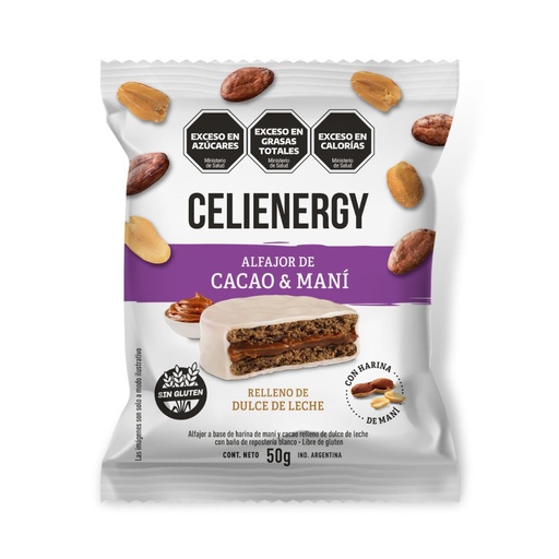 Celienergy - Alfajor de Cacao y Mani relleno con dulce de Leche (caja 12 unidades )
