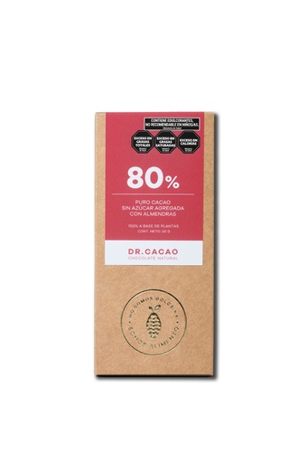 Dr Cacao - Chocolate macizo 80% sin azúcar agregada con Almendras (50gr) 