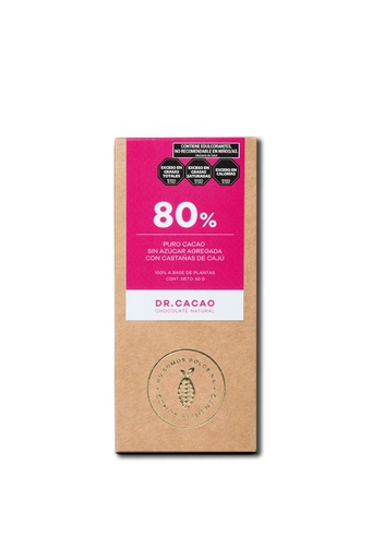 [DRCAC020] Dr Cacao - Chocolate macizo 80% sin azúcar agregada con Castañas de Caju (50gr)