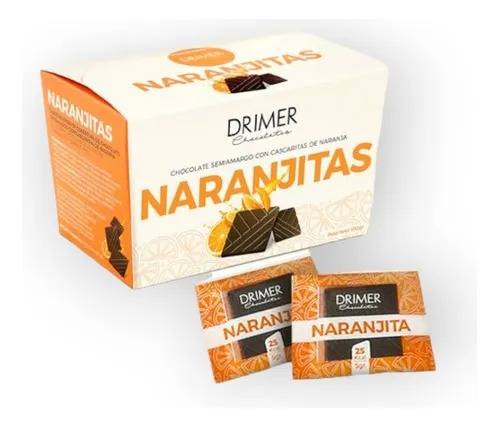 Drimer - Display tabletas semiamargo con cascaritas de naranja (20 unidades por caja - 5 gr c/u)