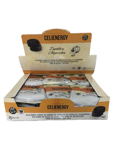 Celienergy - Alfajor a base de harina de zapallo y algarroba rellenos de dulce de leche y baño de chocolate negro (caja 12 unidades)