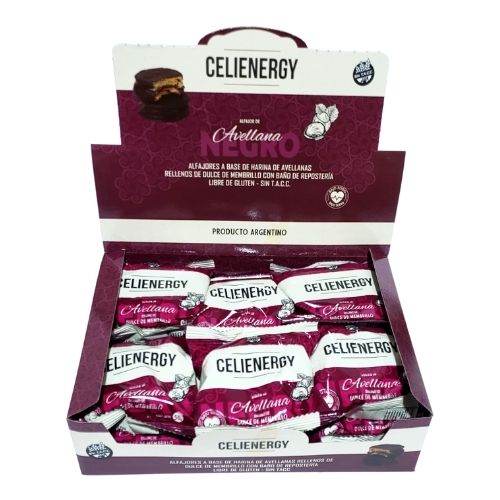 Celienergy - Alfajor a base de harina de avellanas relleno de membrillo con baño de chocolate negro (caja por 12 unidades)