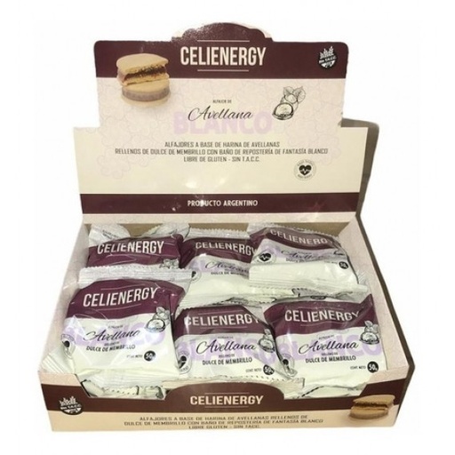 Celienergy - Alfajor a base de harina de avellana rellenos con membrillo con baño de chocolate blanco (caja por 12 unidades)