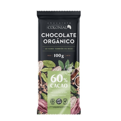 Colonial - Chocolate Negro Organico 60% Cacao Barra 100 gr