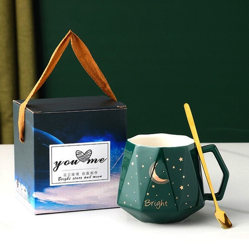 [BAZAR055] bazar Z - Set taza ceramica + cucharita diseño bright moon verde