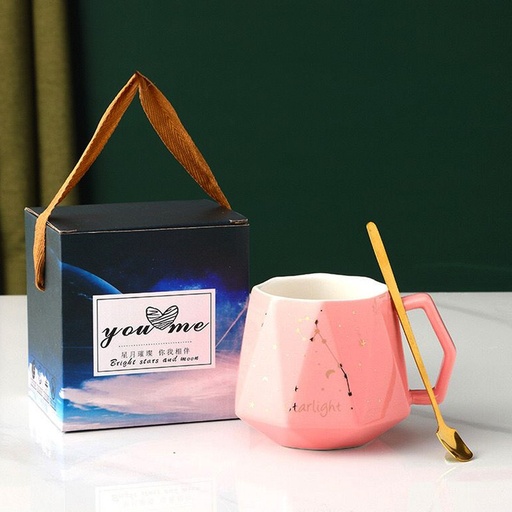 [BAZAR060] bazar Z - Set taza ceramica + cucharita diseño starlight rosa