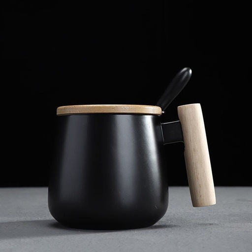 [BAZAR063] bazar Z - Set taza nordic ceramica con asa de madera negra + cucharita 400 ml