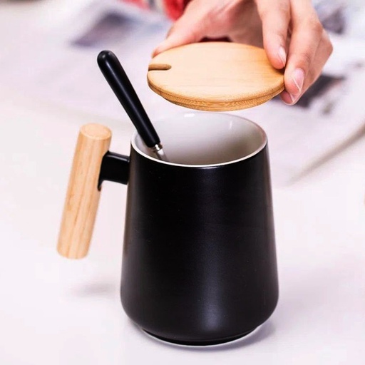 bazar Z - Set taza nordic ceramica con asa de madera negra, gris ó blanca + cucharita 480 ml