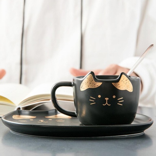 [BAZAR065] bazar Z - Set taza, plato, cucharita diseño gatito